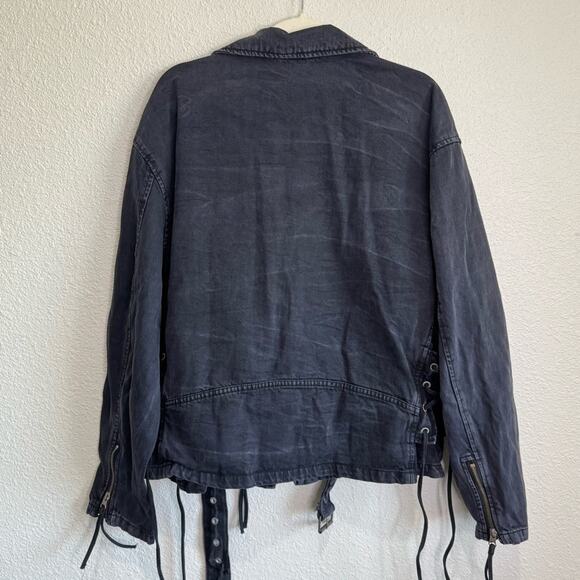Free People Oversized Moto Jacket Medium Washed Black Grunge Goth Motorcycle - Picture 8 of 12